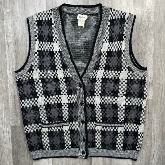 Vintage 80s 90s Plaid Gray Black White Sweater Vest  Size XL - Picture 3 of 8